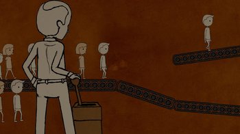 Movie still from “Waiting for Superman” (2010), directed by Davis Guggenheim – A drawing of a man and a boy on a conveyor belt; Wide shot, Overhead angle