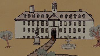 Movie still from “Waiting for Superman” (2010), directed by Davis Guggenheim – A drawing of a building with a fountain in front of it; Extreme Wide shot, High angle