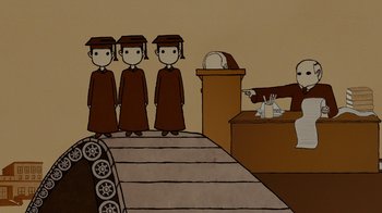 Movie still from “Waiting for Superman” (2010), directed by Davis Guggenheim – A drawing of three graduates standing in front of a judge; Wide shot, Overhead angle