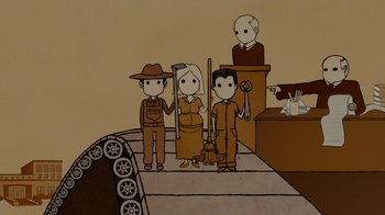 Movie still from “Waiting for Superman” (2010), directed by Davis Guggenheim – A group of people standing in front of a podium; Wide shot, Overhead angle