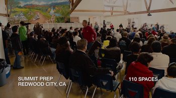 Movie still from “Waiting for Superman” (2010), directed by Davis Guggenheim – A large group of people sitting in a room; Extreme Wide shot, High angle