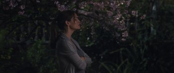 Movie still from “Wakefield” (2016), directed by Robin Swicord – A woman standing in front of a tree with her arms crossed; Medium shot, Over the shoulder angle