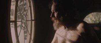 Movie still from “Wakefield” (2016), directed by Robin Swicord – A man with a long beard looking out of a window; Close Up shot, Over the shoulder angle