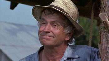 Movie still from “Walking Tall” (1973), directed by Phil Karlson – An older man wearing a straw hat and a blue shirt; Close Up shot, Low angle