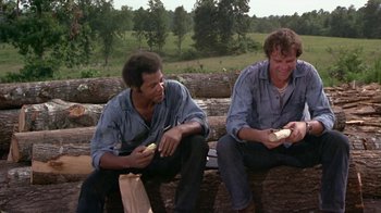Movie still from “Walking Tall” (1973), directed by Phil Karlson – Two men are sitting on a log and eating food; Medium shot, High angle