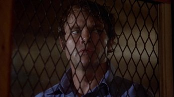 Movie still from “Walking Tall” (1973), directed by Phil Karlson – A man standing in front of a chain link fence; Close Up shot, Low angle