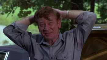 Movie still from “Walking Tall” (1973), directed by Phil Karlson – A person holding his hands in the air; Close Up shot, Over the shoulder angle