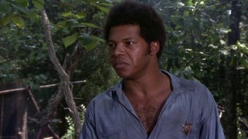 Movie still from “Walking Tall” (1973), directed by Phil Karlson – A man in a blue shirt is standing in the woods; Close Up shot, Low angle