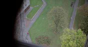 Movie still from “Weekend” (2011), directed by Andrew Haigh – An aerial view of a tree and a walkway; Extreme Wide shot, Overhead angle