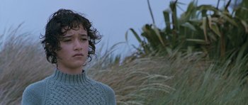 Movie still from “Whale Rider” (2002), directed by Niki Caro – A young man with curly hair standing in a field; Close Up shot, Low angle