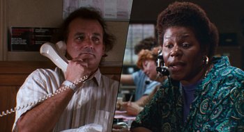 Movie still from “What About Bob?” (1991), directed by Frank Oz – A man and a woman are talking on the phone; Close Up shot, Low angle