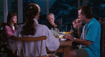 Movie still from “What About Bob?” (1991), directed by Frank Oz – A group of people sitting at a dinner table; Wide shot, Over the shoulder angle
