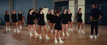 Movie still from “What Have You Done to Solange?” (1972), directed by Massimo Dallamano – A group of young women in black dresses and white socks; Wide shot, High angle