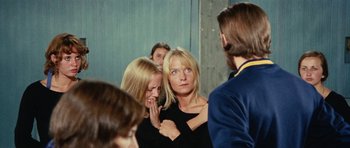 Movie still from “What Have You Done to Solange?” (1972), directed by Massimo Dallamano – A group of people standing next to each other in a room; Medium shot, Over the shoulder angle
