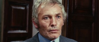 Movie still from “What Have You Done to Solange?” (1972), directed by Massimo Dallamano – An older man wearing a suit and tie; Close Up shot, High angle