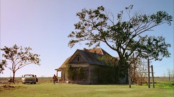 Movie still from “What's Eating Gilbert Grape” (1993), directed by Lasse Hallström – An old house with a tree in front of it; Extreme Wide shot, Low angle