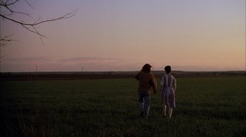 Movie still from “What's Eating Gilbert Grape” (1993), directed by Lasse Hallström – Two people standing in a field looking at the sky at dusk; Wide shot, Over the shoulder angle