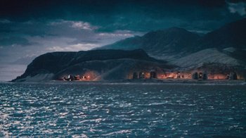 Movie still from “When Dinosaurs Ruled the Earth” (1970), directed by Val Guest – A body of water near a body of water; Extreme Wide shot, High angle