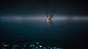 Movie still from “When Dinosaurs Ruled the Earth” (1970), directed by Val Guest – An oil rig in the middle of the night; Extreme Wide shot, Low angle