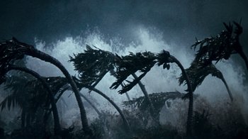 Movie still from “When Dinosaurs Ruled the Earth” (1970), directed by Val Guest – A group of palm trees that are in the water; Extreme Wide shot, Low angle