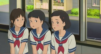 Movie still from “When Marnie Was There” (2014), directed by Hiromasa Yonebayashi – A group of young children in sailor suits; Medium shot, High angle