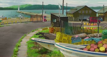 Movie still from “When Marnie Was There” (2014), directed by Hiromasa Yonebayashi – Many boats parked on the side of the road; Extreme Wide shot, Low angle
