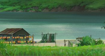 Movie still from “When Marnie Was There” (2014), directed by Hiromasa Yonebayashi – An oil painting of a beach with a boat in the background; Extreme Wide shot, Low angle