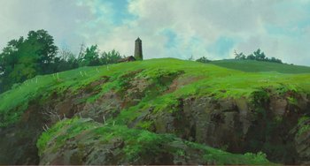 Movie still from “When Marnie Was There” (2014), directed by Hiromasa Yonebayashi – An oil painting of a hill with a tower on it; Extreme Wide shot, Low angle