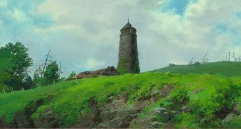 Movie still from “When Marnie Was There” (2014), directed by Hiromasa Yonebayashi – A painting of an old tower on top of a green hill; Extreme Wide shot, Low angle