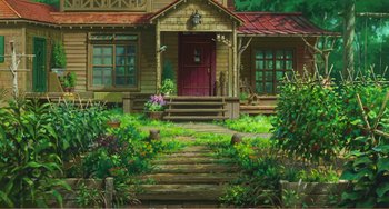 Movie still from “When Marnie Was There” (2014), directed by Hiromasa Yonebayashi – A painting of a house with steps leading up to the front door; Extreme Wide shot, Low angle