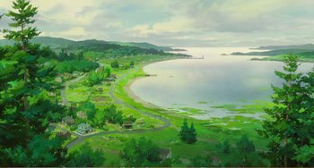 Movie still from “When Marnie Was There” (2014), directed by Hiromasa Yonebayashi – An aerial view of a body of water with a small town in the background; Extreme Wide shot, High angle