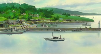 Movie still from “When Marnie Was There” (2014), directed by Hiromasa Yonebayashi – A boat in the water near the dock; Extreme Wide shot, Low angle