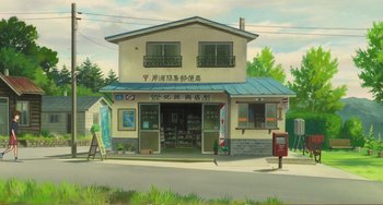 Movie still from “When Marnie Was There” (2014), directed by Hiromasa Yonebayashi – An illustration of a store front with a mailbox in the background; Extreme Wide shot, Low angle