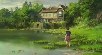 Movie still from “When Marnie Was There” (2014), directed by Hiromasa Yonebayashi – A painting of a man fishing in a pond near a house; Extreme Wide shot, High angle