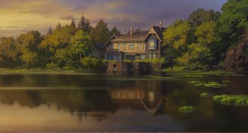 Movie still from “When Marnie Was There” (2014), directed by Hiromasa Yonebayashi – An oil painting of a house by the water; Extreme Wide shot, Low angle