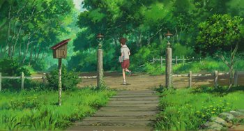 Movie still from “When Marnie Was There” (2014), directed by Hiromasa Yonebayashi – A person is walking down a wooden path; Extreme Wide shot, High angle