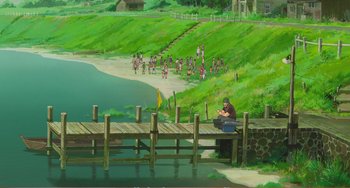 Movie still from “When Marnie Was There” (2014), directed by Hiromasa Yonebayashi – An artist's rendering of a man sitting on a pier; Extreme Wide shot, High angle