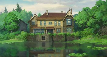 Movie still from “When Marnie Was There” (2014), directed by Hiromasa Yonebayashi – A painting of a house on the water with trees in the background; Extreme Wide shot, Low angle