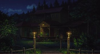 Movie still from “When Marnie Was There” (2014), directed by Hiromasa Yonebayashi – An animated house in the woods at night time; Extreme Wide shot, High angle