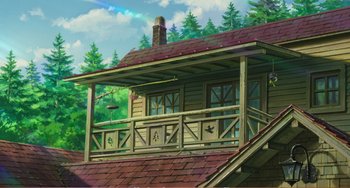 Movie still from “When Marnie Was There” (2014), directed by Hiromasa Yonebayashi – An illustration of a house with a balcony; Extreme Wide shot, Low angle