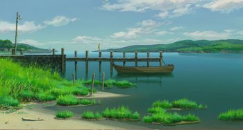 Movie still from “When Marnie Was There” (2014), directed by Hiromasa Yonebayashi – A painting of a boat in the water near a dock; Extreme Wide shot, High angle