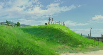 Movie still from “When Marnie Was There” (2014), directed by Hiromasa Yonebayashi – An oil painting of a woman standing on top of a green hill; Extreme Wide shot, Low angle