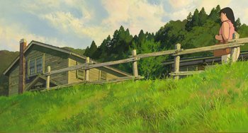 Movie still from “When Marnie Was There” (2014), directed by Hiromasa Yonebayashi – An oil painting of a grassy field with a wooden fence; Extreme Wide shot, Low angle