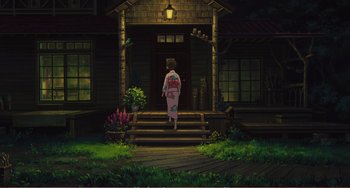 Movie still from “When Marnie Was There” (2014), directed by Hiromasa Yonebayashi – An animated woman walking down the steps of a house; Extreme Wide shot, High angle