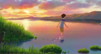 Movie still from “When Marnie Was There” (2014), directed by Hiromasa Yonebayashi – A person standing in a body of water at sunset; Extreme Wide shot, High angle