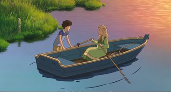 Movie still from “When Marnie Was There” (2014), directed by Hiromasa Yonebayashi – Two people in a boat on the water; Wide shot, High angle