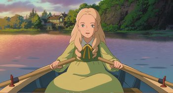 Movie still from “When Marnie Was There” (2014), directed by Hiromasa Yonebayashi – A girl is rowing a boat on the water; Medium shot, High angle
