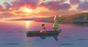 Movie still from “When Marnie Was There” (2014), directed by Hiromasa Yonebayashi – A couple of people in a boat on a body of water; Wide shot, High angle