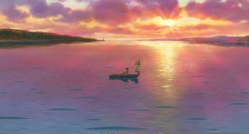 Movie still from “When Marnie Was There” (2014), directed by Hiromasa Yonebayashi – A person in a boat on a body of water at sunset; Extreme Wide shot, High angle