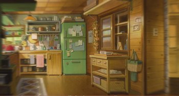 Movie still from “When Marnie Was There” (2014), directed by Hiromasa Yonebayashi – A painting of a kitchen with a green refrigerator; Extreme Wide shot, High angle